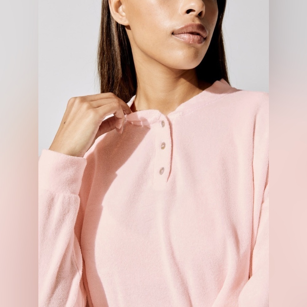 DONNI. Pink Terry Cloth Henley‎ Sweatshirt Relaxed Fit Long Sleeve Size Large - Picture 4 of 12